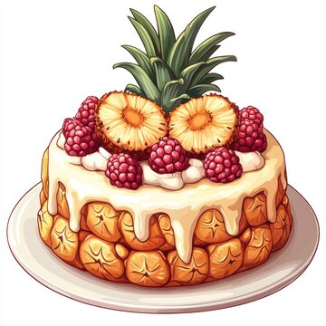 recommend clip art: Illustration of a Delicious Pineapple Cake with Raspberries and Whipped Cream