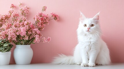 A majestic white cat posing elegantly amidst vibrant pink flowers and a stylish vase on a softly-hued background