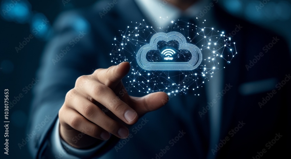 Poster a hand-touching infographic on cloud computing and technology icons. cloud technology is a method of