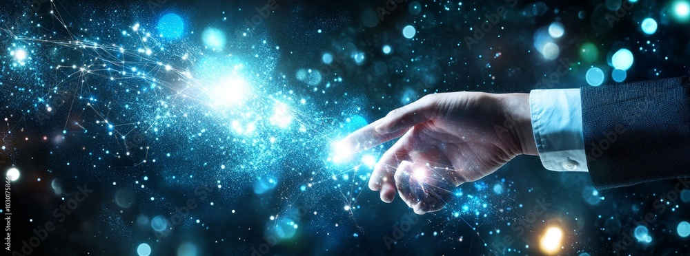 Poster conceptual image of a woman touching a screen showing the next generation of technology.