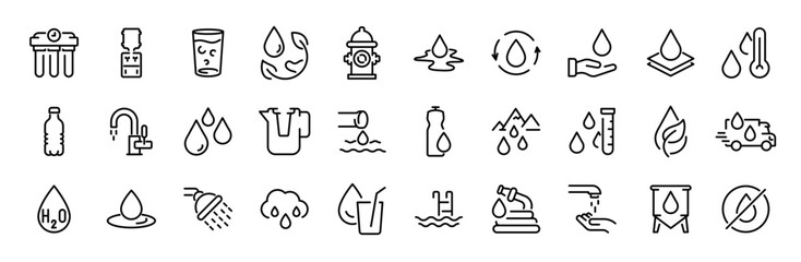 water linear icon collection. Drop Water, Mineral Water, Low and High Tide, Shower, Plastic Bottle and Glass. Editable stroke. Vector illustration