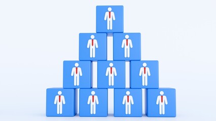 3d rendering of a pyramid structure composed of blue cubes with white stick figures wearing red ties, symbolize a hierarchical organization or a company structure