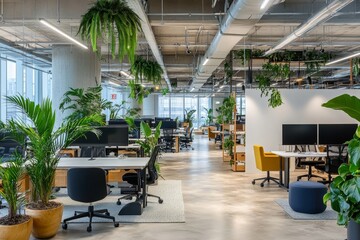 Naklejka premium This mockup shows a modern concrete office interior with a window that overlooks the city, daylight and an empty mockup on the wall. Mockup, 3D rendering of the interior.