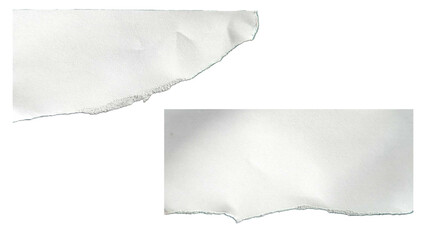 Paper scraps ripped page piece. Piece of white paper tear isolated on white background. Torn note paper page. Ripped note notebook grainy paper strips stuck.