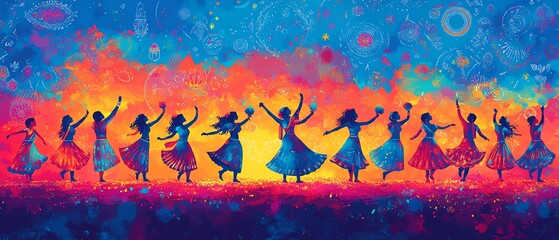 Colorful Dandiya night banner with a backdrop of traditional Indian patterns, inviting everyone to join the Garba dance celebration during the festival