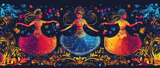 Colorful Dandiya night banner with a backdrop of traditional Indian patterns, inviting everyone to join the Garba dance celebration during the festival
