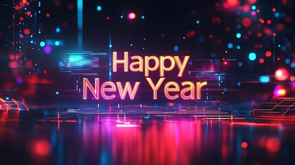 Futuristic "Happy New Year" in bold chrome text, surrounded by digital waveforms and glowing light trails, metallic reflections with soft highlights and shadows,