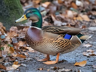 A colorful male duck standing on a ground covered with autumn leaves.