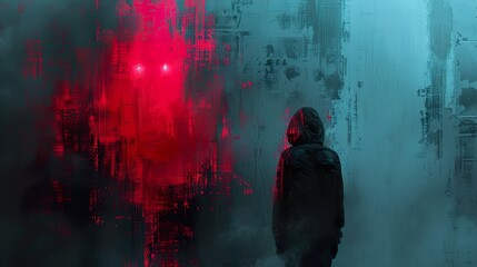 A Lonely Figure in a Digital Fog: A Surreal Cyberpunk Artwork