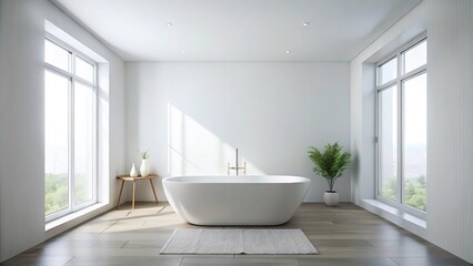 Fototapeta premium Minimalist white bathroom with freestanding tub seen from a low angle perspective