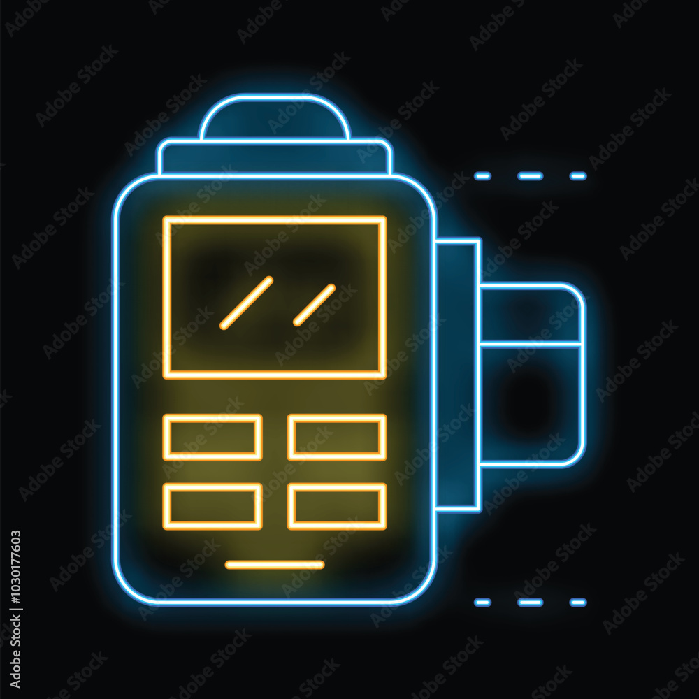 Poster glowing neon sign showing a credit card being inserted into a pos terminal for payment