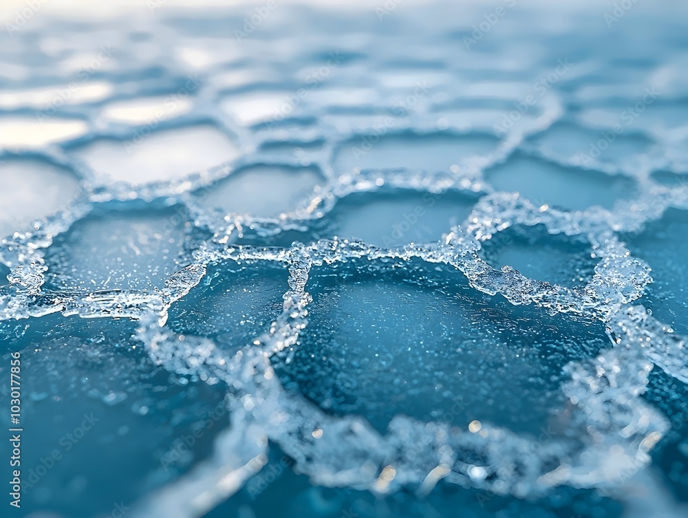 Aufkleber close-up of a frozen surface with an intricate pattern of ice crystals. the light reflects off the i