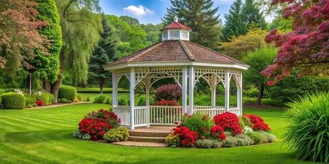 Obraz premium Minimalist white gazebo with red flowers, lush greenery in the background
