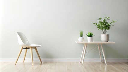Fototapeta premium Minimalist white interior with wooden table, white vase, plant, light green chair