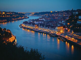 Fototapeta premium An evening view of the Douro River, Victoria, and the Ribeira district in Porto, Portugal.