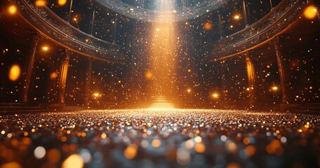 A golden confetti rain falls on a festive stage with a light beam in the middle. An empty room at night has copy space for an award ceremony, jubilee, party, or product presentation.
