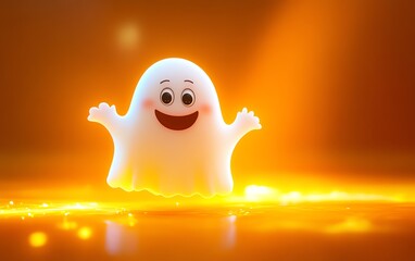 A vibrant cartoon ghost with a startled expression floating against a bold orange backdrop, combining humor and spookiness for a lighthearted Halloween theme