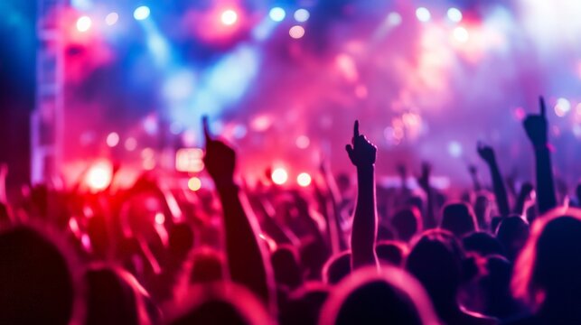 Vibrant festival atmosphere, energetic crowds celebrating a live concert, colorful stage lights illuminating the night sky, summer music festival excitement and joy.