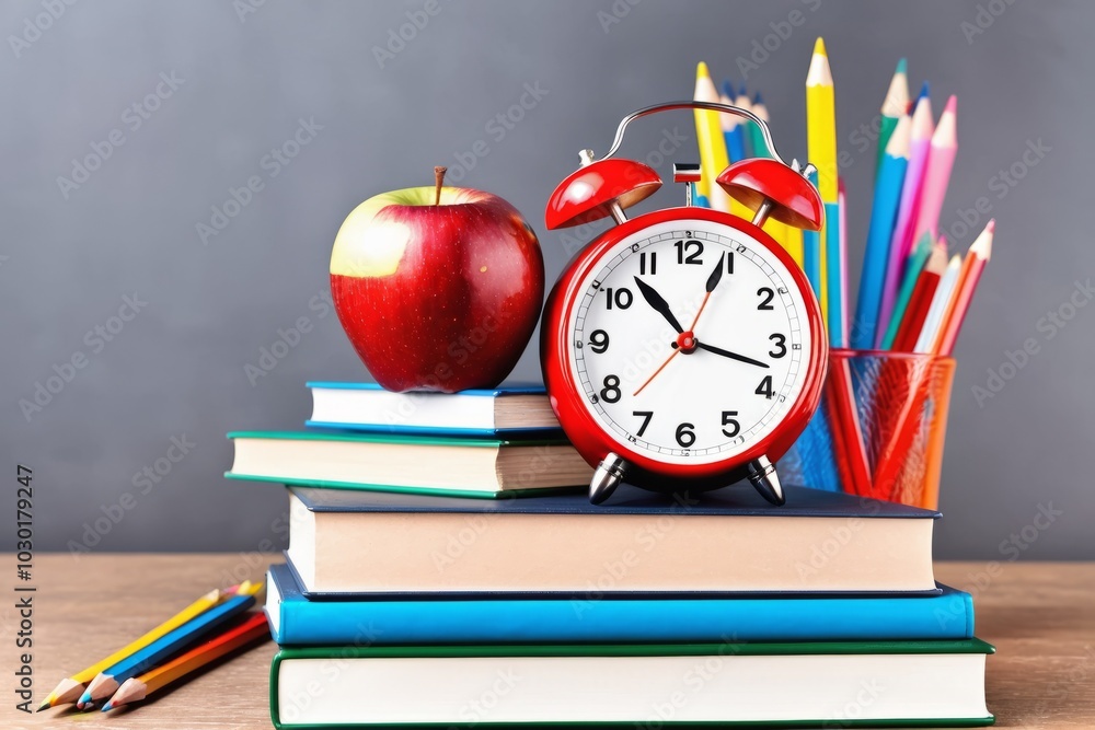 Poster a stack of books and a red apple on a desk in a classroom setting, representing the back to school c