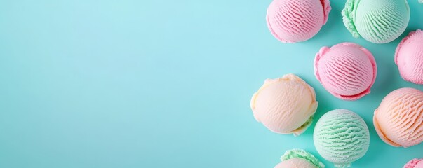 Delicious floating ice cream scoops with syrup drizzle, perfect for creative text placement on the side.