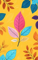 Colorful leaves design on a vibrant yellow background in a creative art composition