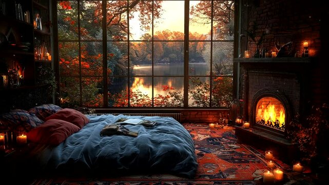 Cozy bedroom with a fireplace and a serene lake view at sunset through large windows, creating a relaxing atmosphere. Seamless looping 4k video background