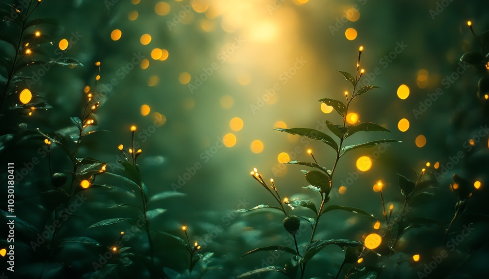 Poster enchanting green and yellow bokeh lights creating a serene atmosphere, emphasizing the importance of