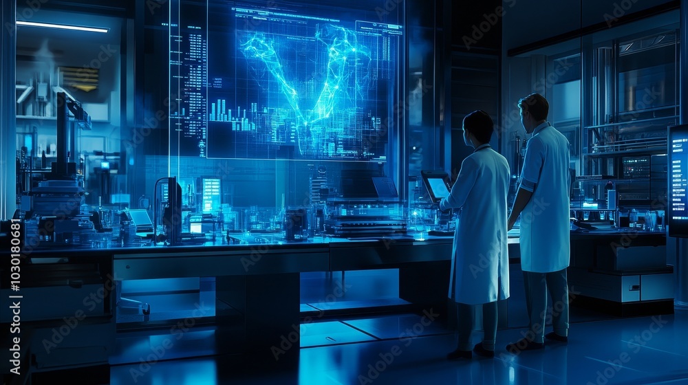 Poster digital factory: two industrial engineers use tablet computer, visualze wall of big data statistic, 