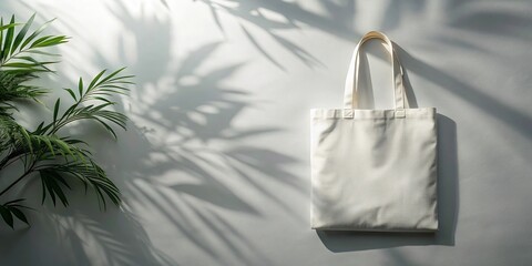 Minimalistic white tote bag showcase with plant shadows in sunlight aerial