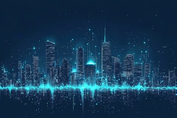 Fototapeta premium Concept of smart cities and big data connections with digital blue wavy wires and antennas set against a double exposure of the night skyline of a megapolis city at night.