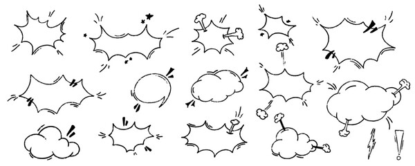 Manga speech bubble set with onomatopoeia sign. Cloud crayon speech for text. Doodle frame for manga chat.