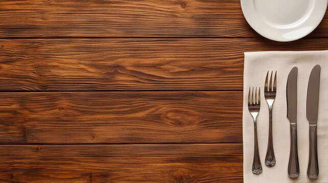 Elegant polished wood table set for dinner, featuring an open space at the top for customizable text.