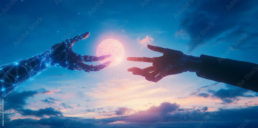 Aufkleber the hand of a robot or human touching big data from global network connections, internet and digital