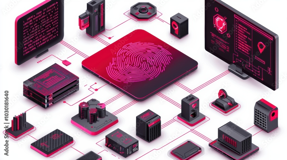 Poster digital security concept with fingerprint and devices