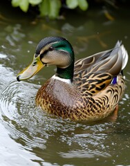 Obraz premium A colorful duck swimming in a serene pond, showcasing its vibrant plumage and rippling water.