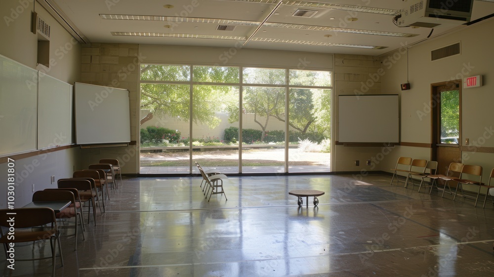 Poster Empty Classroom with Large Window and View of Greenery