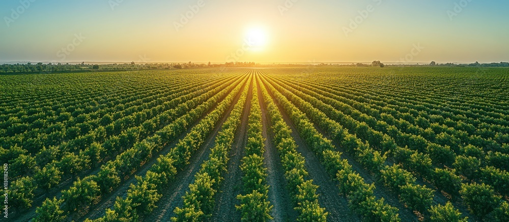 Poster aerial view of a vast vineyard at sunset, with rows of grapevines extending into the distance.