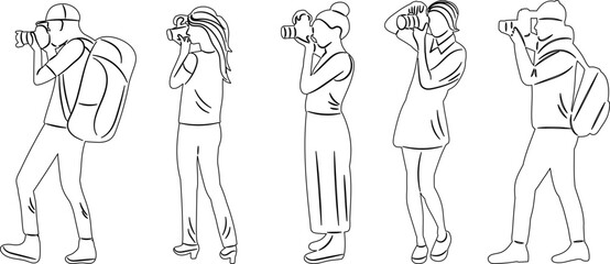 men and women taking pictures sketch, vector