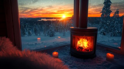 Cozy cabin with a warm fireplace and breathtaking sunset view through large windows, overlooking a snowy forest. Seamless looping 4k video background