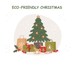 Christmas card. Decorated potted Christmas tree with gifts on white background. Sustainable Christmas concept.