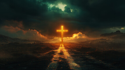 A glowing Christ cross at the end of the road. The concept of the resurrection of Jesus Christ.