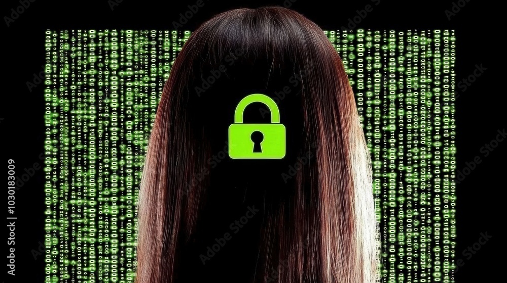 Poster woman silhouette with lock symbol and binary code