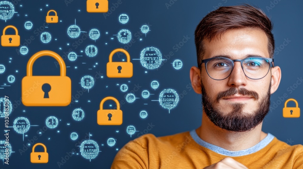Poster man with security icons and data in a digital background