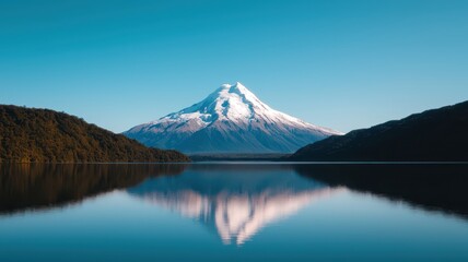 Obraz premium Stunning glacier-capped mountain mirrored in a serene lake under a bright blue sky, perfect for text overlay.