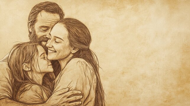 A tender and heartwarming depiction of the biblical story of Hosea s reconciliation with his wife Gomer shown in a minimalist sketch style wall art piece on a plain beige background with pencil lines