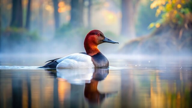 Misty forest encounter with canvasback duck reflecting in water