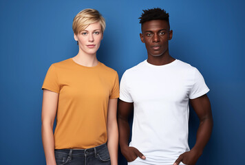 Fototapeta premium Professional photoshoot of happy interracial couple. Man and woman couple on dark blue background. Concept of interracial couple, romance, friendship, marriage, and romance