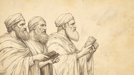Fototapeta premium Sketch of religious leaders and priests of ancient Israel depicted as corrupt and greedy counting money and neglecting the needs of the people as described in the biblical book of Hosea