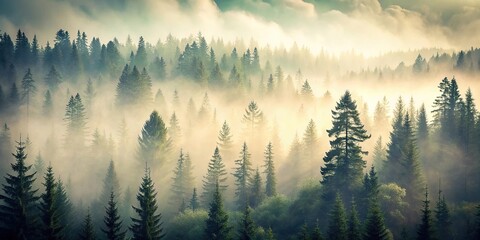 misty landscape, fir forest, wide-angle, vintage aesthetic