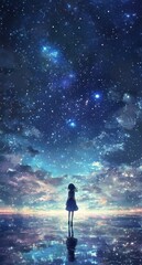 Obraz premium A girl gazes at a starry sky over a tranquil ocean at twilight